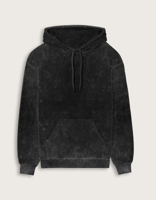 Men’s black acid washed hoodie front view – vintage washed streetwear cotton fleece hoodie