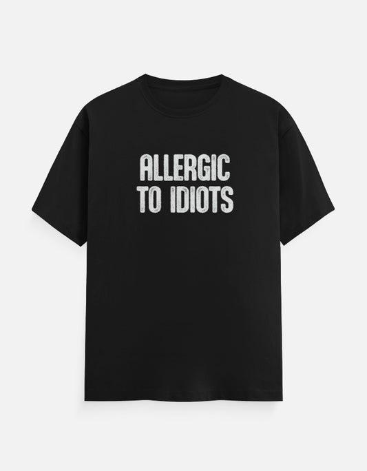 Front view of black Allergic to Idiots men’s regular fit t-shirt – bold graphic print on premium cotton