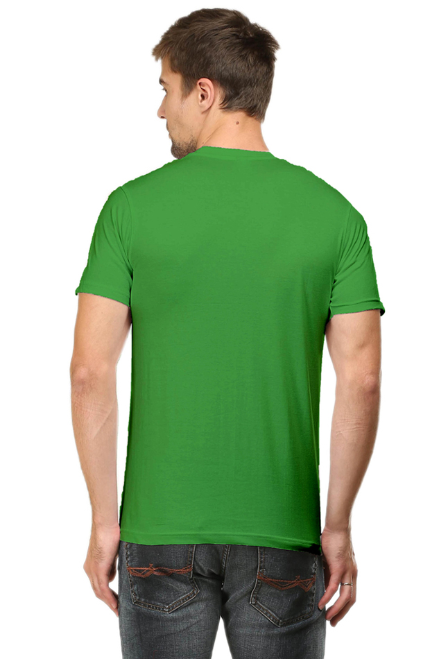 Back view of model wearing green Antisocial men’s regular fit cotton t-shirt – clean solid back design