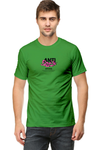 Model wearing green Antisocial men’s regular fit t-shirt front view – bold graphic print on soft cotton fabric
