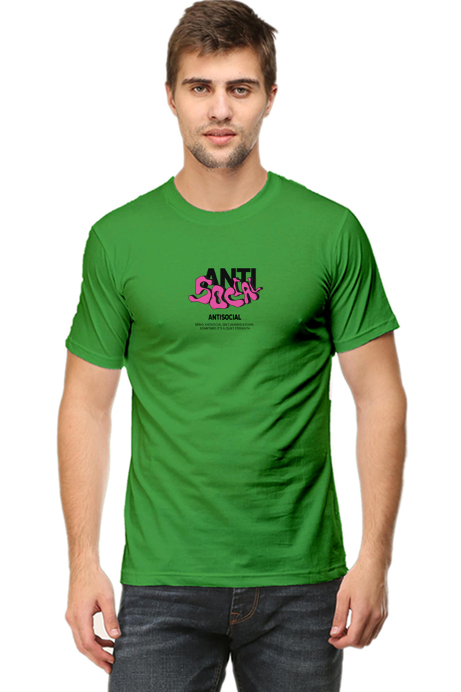 Model wearing green Antisocial men’s regular fit t-shirt front view – bold graphic print on soft cotton fabric