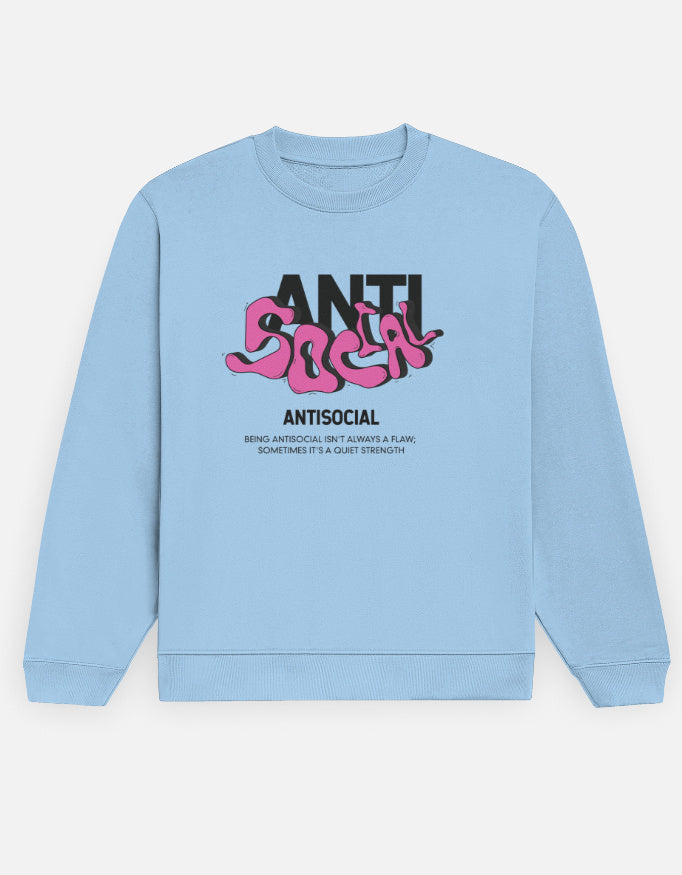 Antisocial regular men’s blue sweatshirt front view – cotton fleece streetwear hoodie