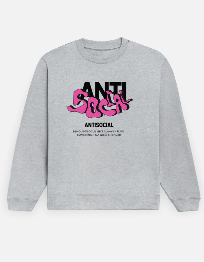 Antisocial regular men’s grey sweatshirt front view – cotton fleece winter layering hoodie