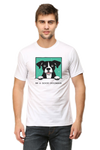 Model wearing white Be A Good Hooman men’s regular fit t-shirt front view – bold fun graphic print on soft cotton fabric