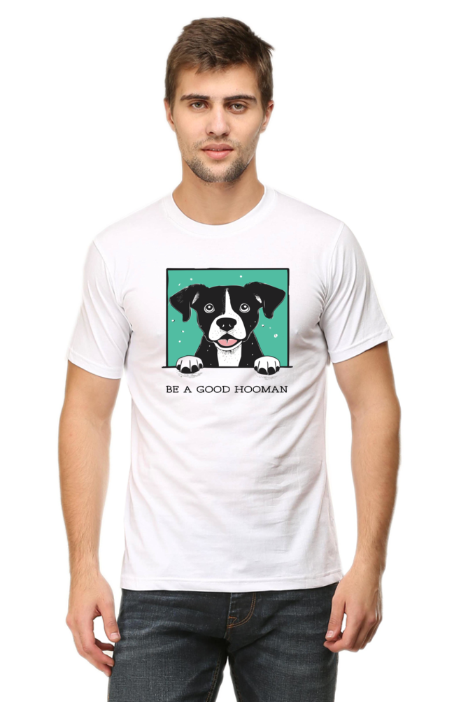 Model wearing white Be A Good Hooman men’s regular fit t-shirt front view – bold fun graphic print on soft cotton fabric