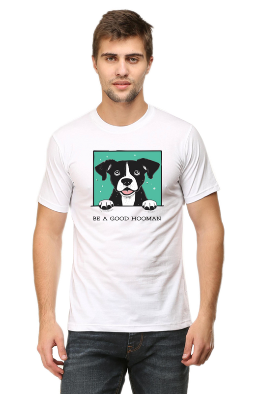 Model wearing white Be A Good Hooman men’s regular fit t-shirt front view – bold fun graphic print on soft cotton fabric