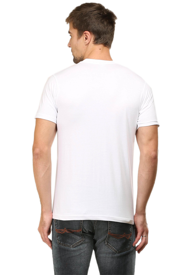 Back view of model wearing white Believe in Your Warrior men’s regular fit t-shirt – clean solid back design