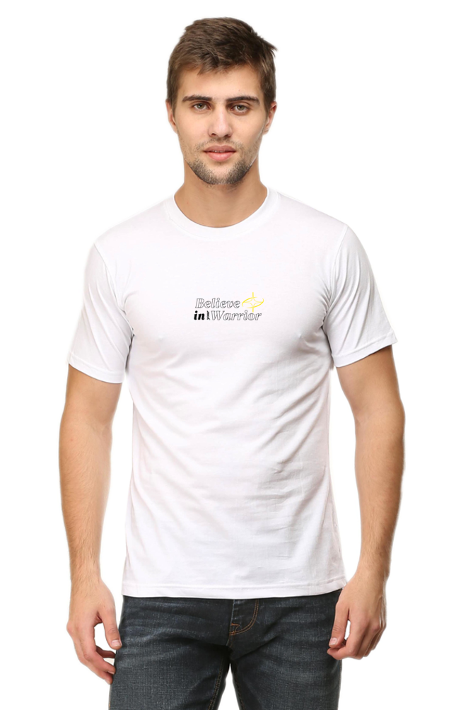 Model wearing white Believe in Your Warrior men’s graphic t-shirt front view – bold motivational print on soft cotton fabric