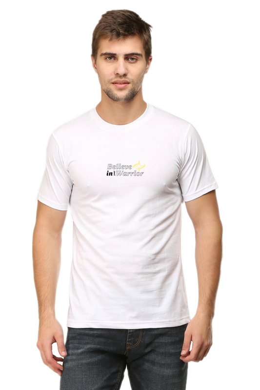 Model wearing white Believe in Your Warrior men’s graphic t-shirt front view – bold motivational print on soft cotton fabric