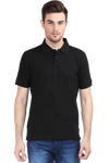 Model wearing black men’s polo t-shirt front view – premium cotton smart casual tee with classic collar design