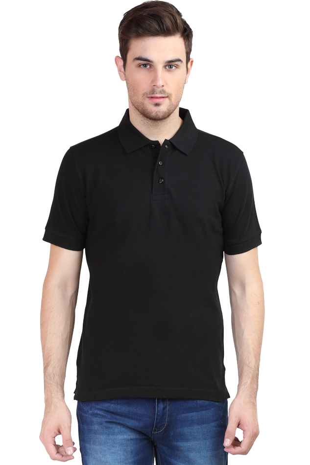 Model wearing black men’s polo t-shirt front view – premium cotton smart casual tee with classic collar design
