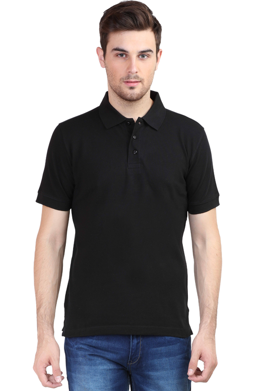 Model wearing black men’s polo t-shirt front view – premium cotton smart casual tee with classic collar design