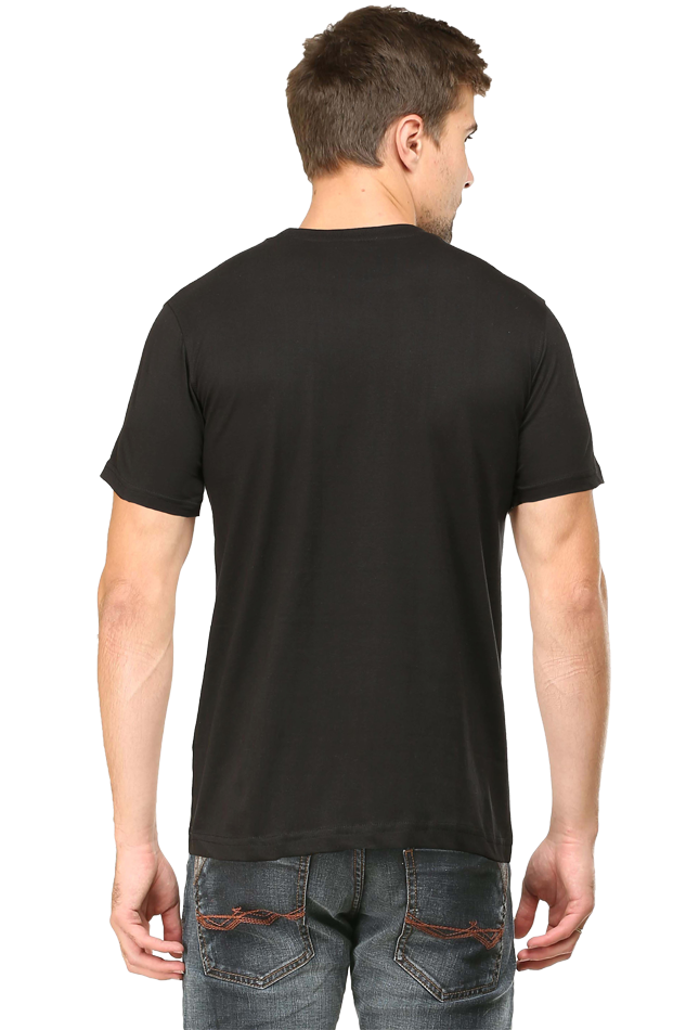 Back view of model wearing black Code of the Streets men’s regular fit cotton t-shirt – clean solid back design