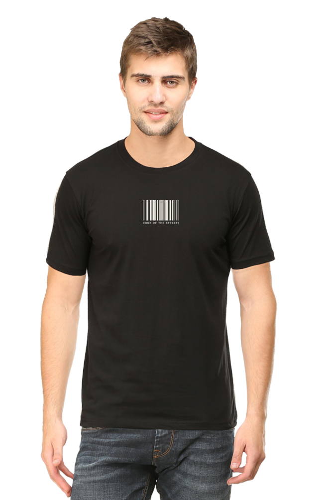 Model wearing black Code of the Streets men’s regular fit t-shirt front view – bold urban street-style graphic on soft cotton fabric
