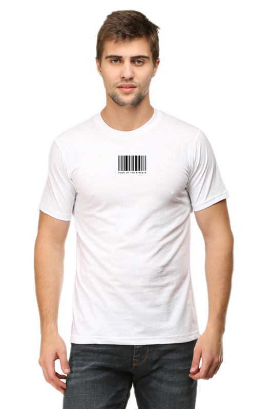 Model wearing white Code of the Streets men’s regular fit t-shirt front view – bold urban street-style graphic on soft cotton fabric
