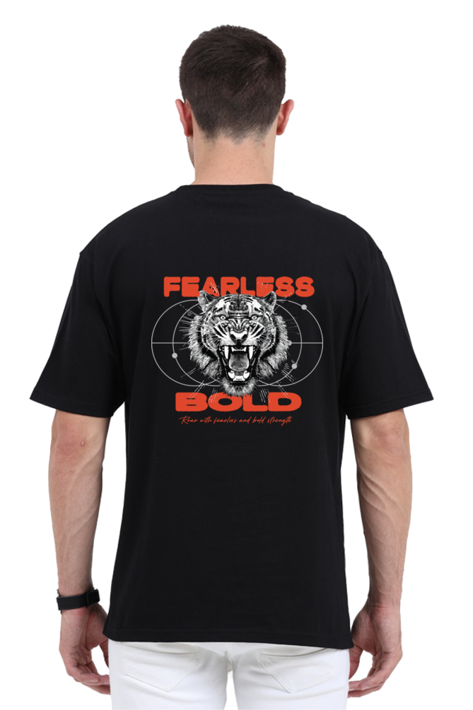 Model wearing black oversized men’s t-shirt – bold “Fearless” back print streetwear design