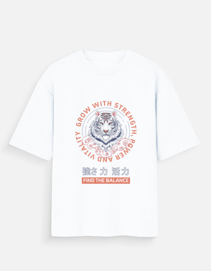 Find The Balance white oversized t-shirt for men front view, premium cotton streetwear tee with minimal graphic design for everyday casual wear