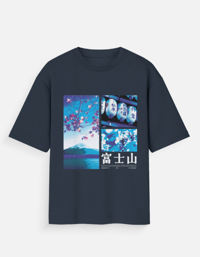 Fuji graphic navy oversized men’s t-shirt front view crafted in soft cotton with Japanese mountain artwork