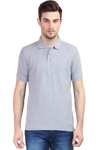 Model wearing grey melange men’s polo t-shirt front view – soft cotton smart casual tee with classic polo collar and regular fit