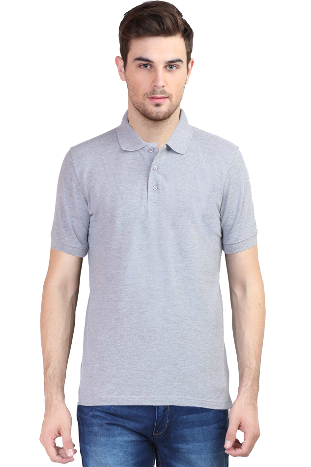 Model wearing grey melange men’s polo t-shirt front view – soft cotton smart casual tee with classic polo collar and regular fit