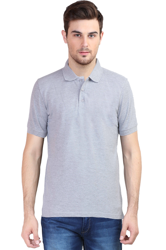 Model wearing grey melange men’s polo t-shirt front view – soft cotton smart casual tee with classic polo collar and regular fit