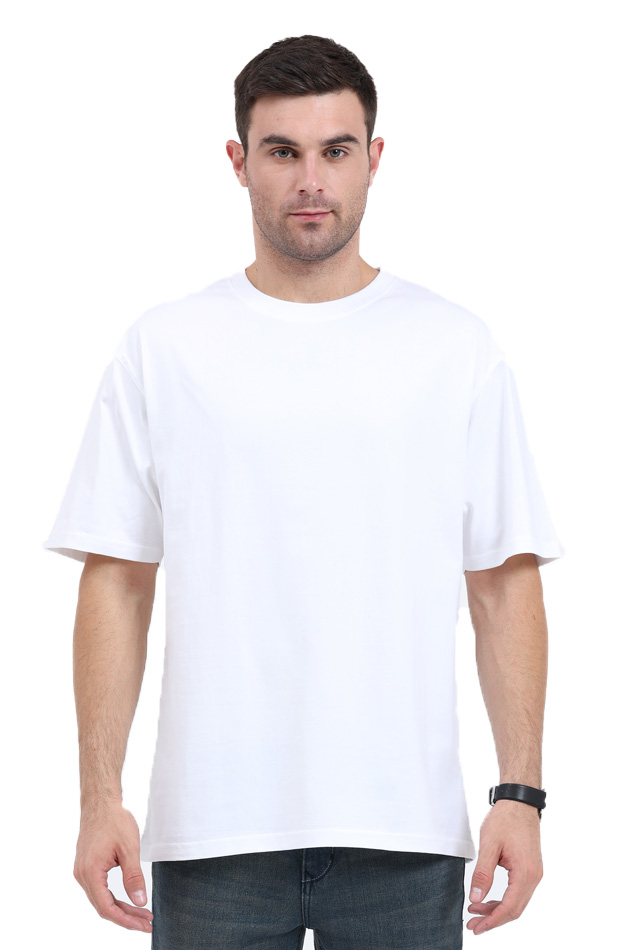 Model wearing white oversized men’s t-shirt – cotton streetwear front view