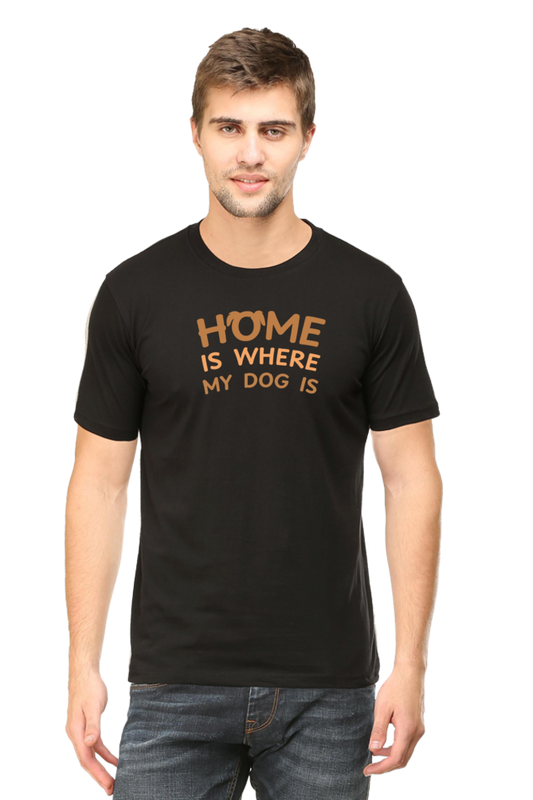 Model wearing black Home Is Where My Dog Is men’s regular fit t-shirt front view – bold dog-themed graphic print on soft cotton fabric