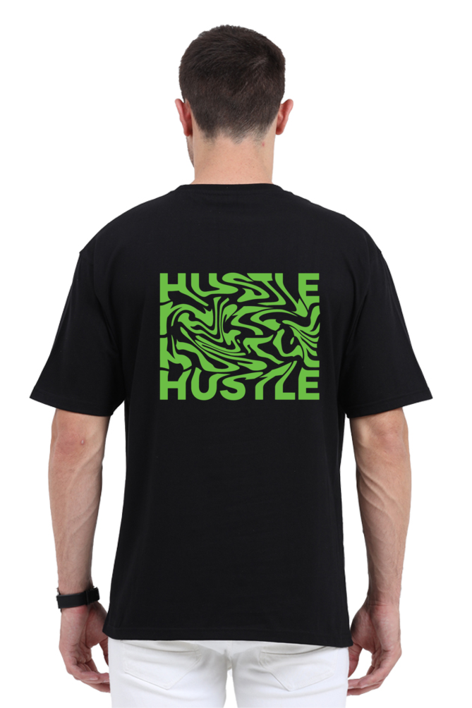 Model wearing black oversized men’s t-shirt – back view of Hustle graphic cotton streetwear tee