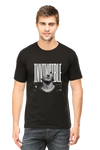 Model wearing black Invincible men’s regular fit t-shirt front view – bold graphic print on soft cotton fabric with casual fit