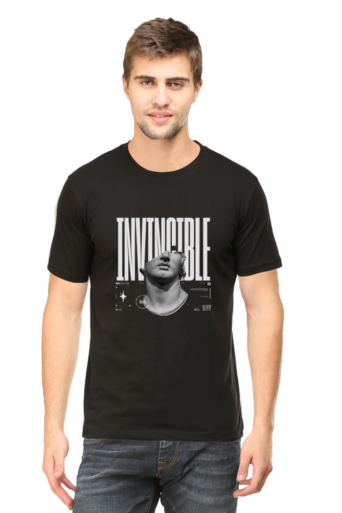 Model wearing black Invincible men’s regular fit t-shirt front view – bold graphic print on soft cotton fabric with casual fit