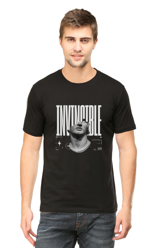 Model wearing black Invincible men’s regular fit t-shirt front view – bold graphic print on soft cotton fabric with casual fit