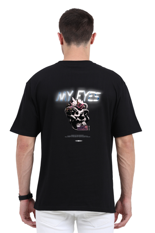 Model wearing black oversized men’s t-shirt – back view of My Eyes graphic printed streetwear tee