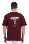 Model wearing maroon oversized men’s t-shirt – back view of My Eyes graphic printed streetwear tee