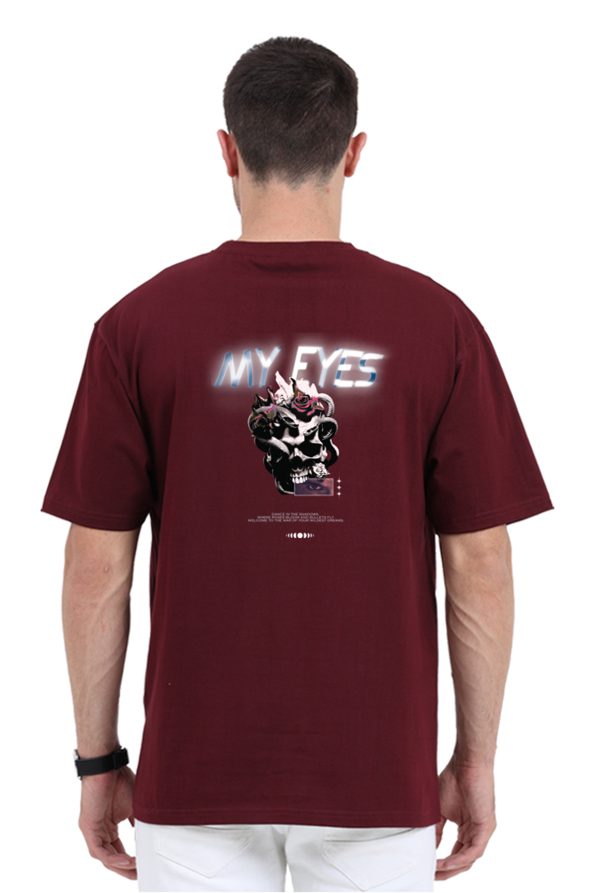 Model wearing maroon oversized men’s t-shirt – back view of My Eyes graphic printed streetwear tee