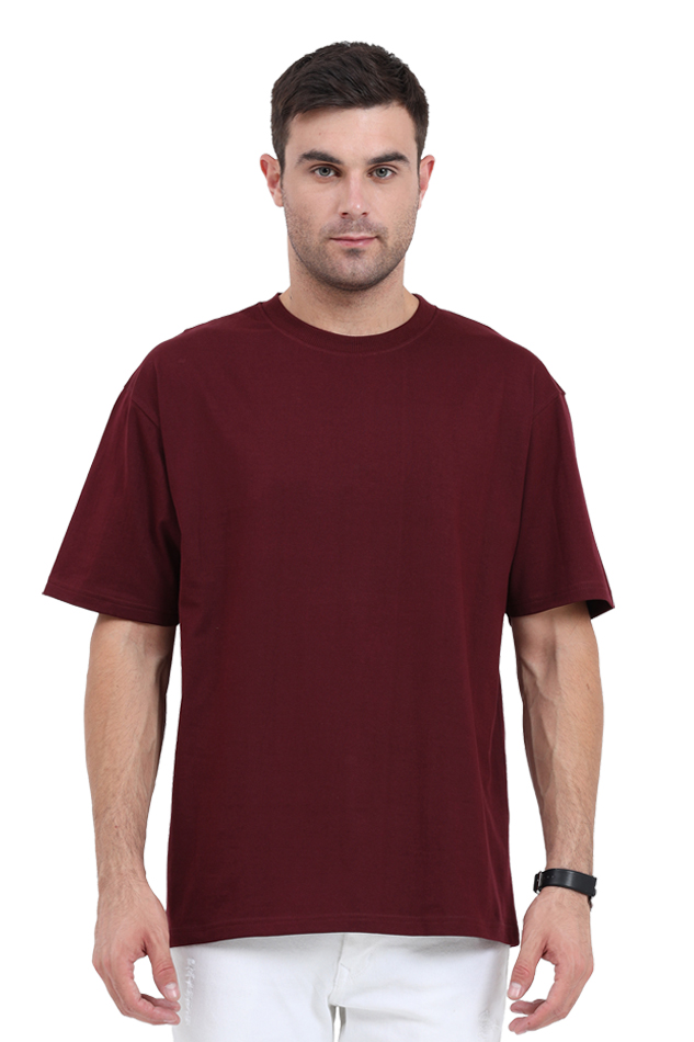 Model wearing maroon oversized men’s t-shirt – My Eyes graphic cotton streetwear tee front view