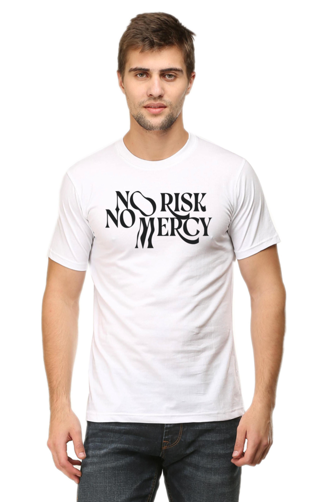 Model wearing white No Risk No Mercy men’s regular fit t-shirt front view – bold graphic print on soft cotton fabric