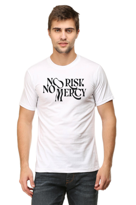 Model wearing white No Risk No Mercy men’s regular fit t-shirt front view – bold graphic print on soft cotton fabric