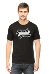 Model wearing black Push Past Pain men’s regular fit t-shirt front view – bold motivational graphic print on soft cotton fabric