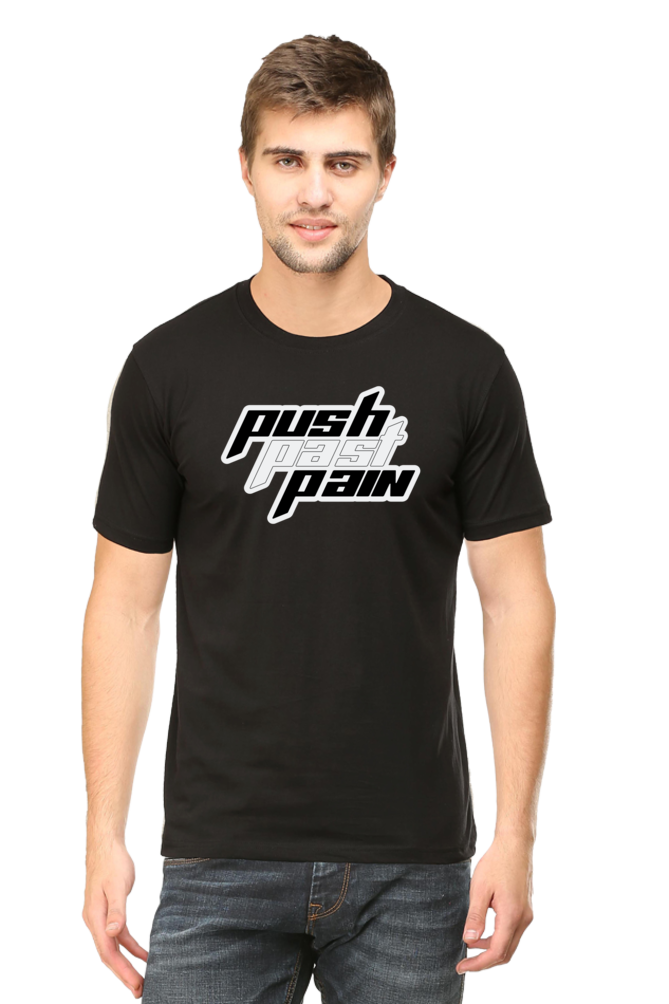 Model wearing black Push Past Pain men’s regular fit t-shirt front view – bold motivational graphic print on soft cotton fabric