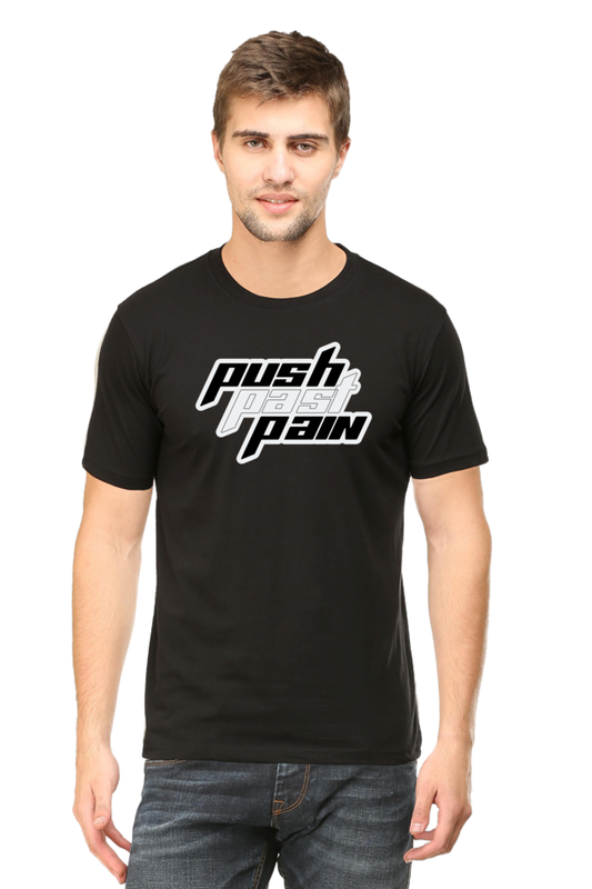 Model wearing black Push Past Pain men’s regular fit t-shirt front view – bold motivational graphic print on soft cotton fabric