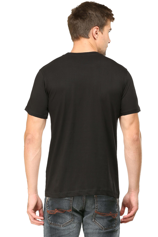 Back view of model wearing black Spartan regular fit cotton t-shirt – clean solid back design