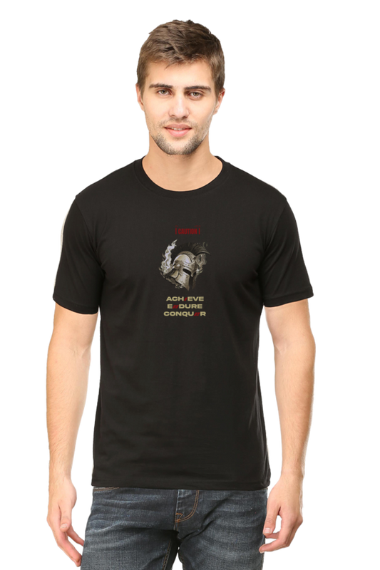 Model wearing black Spartan men’s regular fit t-shirt front view – bold graphic print on soft cotton fabric with casual fit
