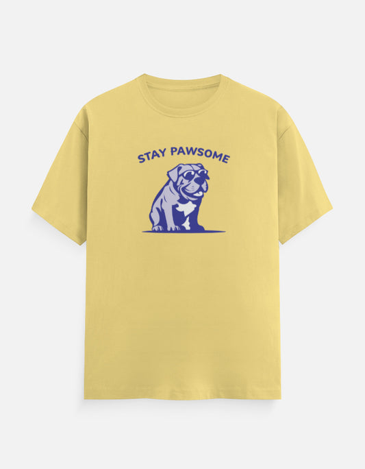 Front view of Stay Pawsome men’s regular fit t-shirt – playful dog-themed graphic print on soft cotton fabric