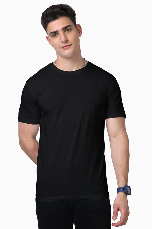 Model wearing black Supima men’s regular fit t-shirt front view – premium soft cotton tee with classic casual style