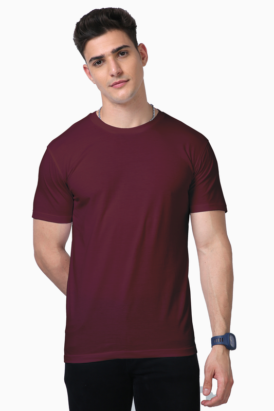 Model wearing maroon Supima men’s regular fit t-shirt front view – premium soft cotton tee with classic casual style