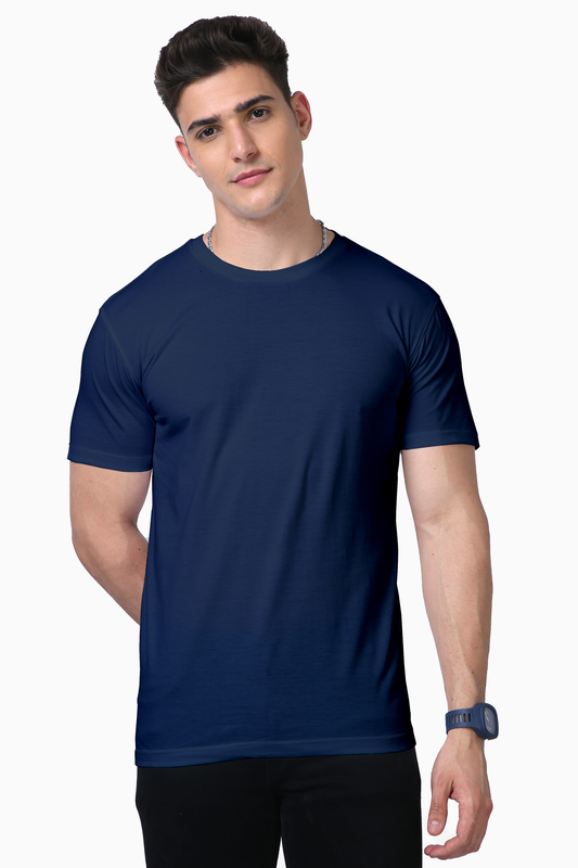 Model wearing navy blue Supima men’s regular fit t-shirt front view – premium soft cotton tee with classic casual style