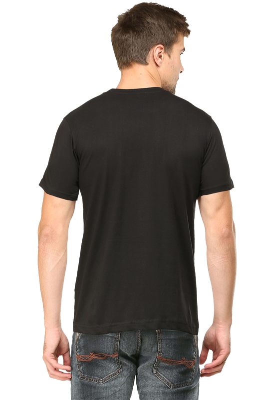 Back view of model wearing black The Dogfather men’s regular fit cotton t-shirt – clean solid back design with casual fit