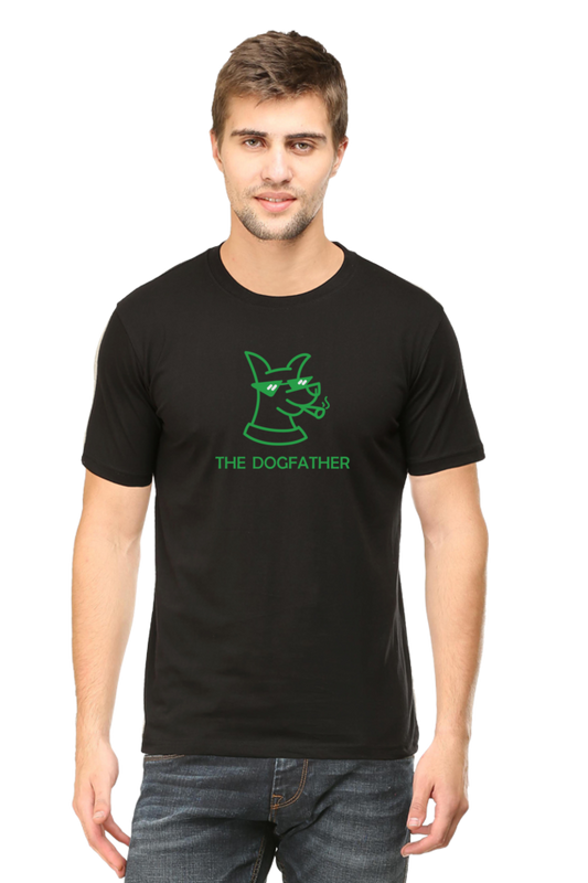 Model wearing black The Dogfather men’s regular fit t-shirt front view – bold dog-themed graphic print on soft cotton fabric, streetwear style