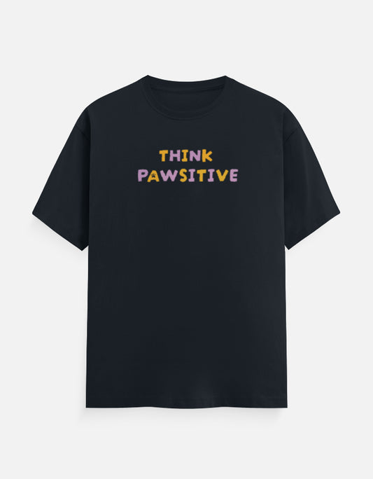 Front view of navy blue Think Pawsitive men’s regular fit t-shirt – playful dog-themed motivational graphic print on soft cotton fabric