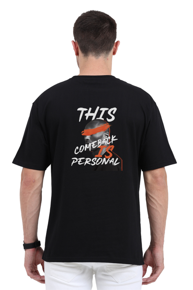 Model wearing black cotton oversized t-shirt – back view of “This Comeback Is Personal” streetwear tee